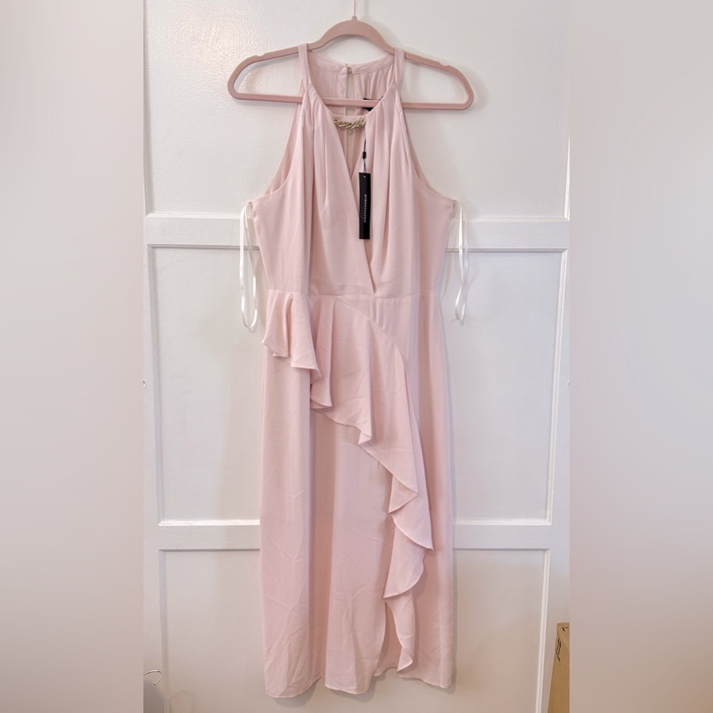BCBGMAXAZRIA Midi Halter Neck Cutout Sleeveless Baby Pink Day Dress